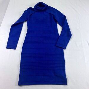Blue Ribbed Bodycon Turtleneck Cutout Long Sleeve Mini Sweater Dress Size M